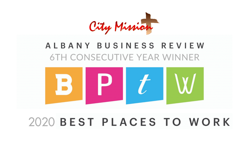 City Mission Logo - Albany Business Review - 6th Consecutive Winner - BPTW logo - 2020 Best Places to Work